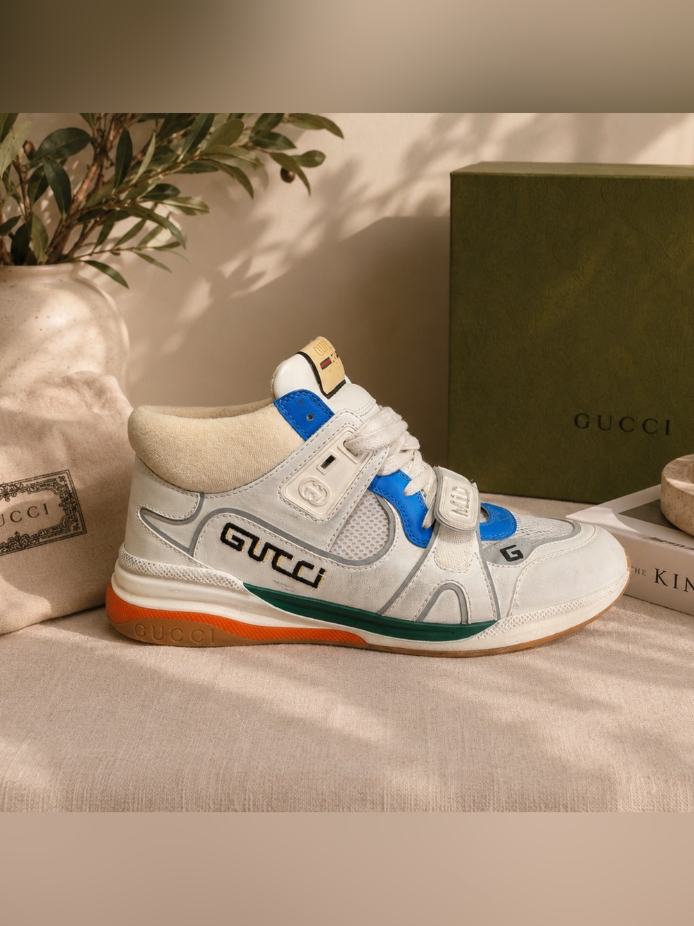 Gucci White Leather High-Top Sneaker with Blue, Green & Orange Accents